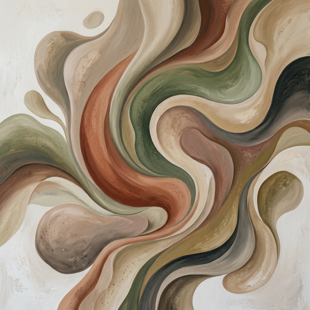 Swirling abstract shapes in beige, brown, green, and muted orange colors.